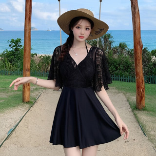 FOURDATRY 泳衣女大码胖MM黑色遮肉显瘦连体两件套宽松保守度假泡温泉泳装