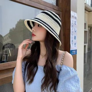 无品牌 夏季拼色条纹草帽女显脸小清新遮阳帽度假镂空沙滩编织百搭防晒帽