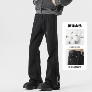 GENIOLAMODE GENIO LAMODE 夏季男式牛仔裤潮牌设计感裤脚侧拉链时尚直筒裤高街潮牌微喇裤子