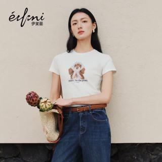 伊芙丽 秦岚代言伊芙丽棉感超萌小狗印花T恤夏季短袖上衣2026夏季新款 本白色 S