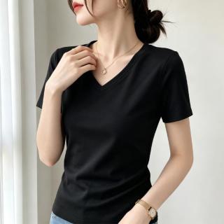 宜而爽 白色鸡心领短袖t恤女2026新款夏季正肩修身v领百搭休闲上衣