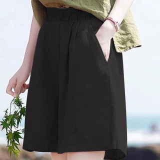 京喜 夏季松紧高腰亚麻五分裤子宽松复古休闲短裤棉麻显瘦显高口袋女裤 米杏色 L 建议