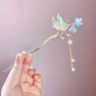 花饰庄园 蝴蝶花朵发簪感珍珠流苏步摇女新中式小清新簪子古风挽发发钗 F1151-蓝色