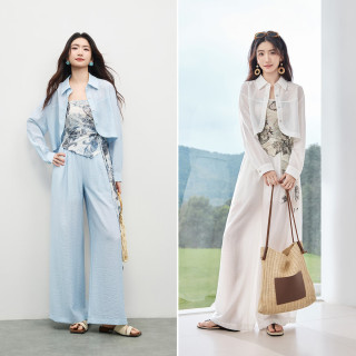 尚都比拉 浅春出游套装女含亚麻莱赛尔翻领短小衫印花吊带背心松紧腰阔腿裤