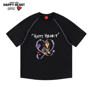 CHARLES JANG'S HAPPY HEART 简约撞色插肩小狗印花情侣短袖T恤夏休闲男女同款 黑色    M