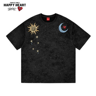 CHARLES JANG'S HAPPY HEART 日月爱心印花短袖T恤复古做旧日常休闲上衣 黑色    2XL