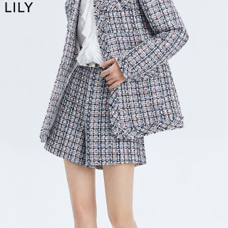 LILY 春新款女装时尚复古显瘦高腰阔腿裤休闲短裤 412藏蓝 S
