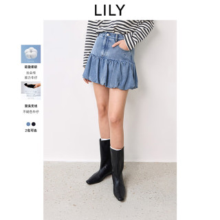 LILY 2025春新款女装柔软高腰气球裙半身裙女短裙 419牛仔蓝 L