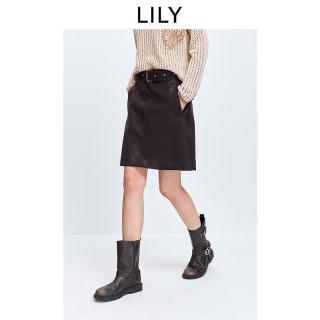 LILY 2026春新款复古时髦腰带气质休闲通勤深色直筒裙半身裙女短裙 710咖啡 S