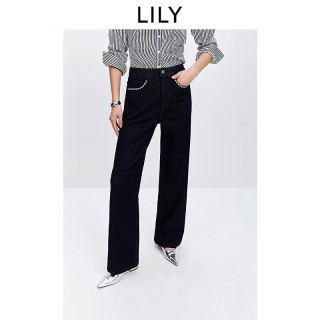 LILY 2026春新款女装复古刺绣休闲通勤百搭显瘦原色牛仔裤直筒裤 412藏蓝 M