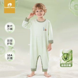 其他女孩 莫代尔儿童连体睡衣春秋薄款男女童空调服宝宝衣服双层护肚家居服
