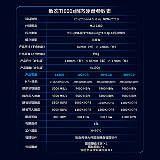 致态 Ti600s PCIe4.0 NVMe M.2固态硬盘 4TB