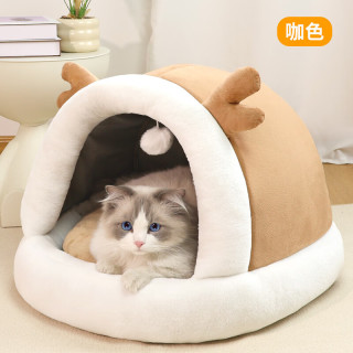 三栖虎 加绒猫窝保暖宠物小鹿窝防寒狗窝舒适宠物窝可爱加厚加绒四季通用 鹿角窝咖色 S