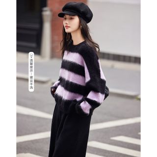 百亿补贴：德玛纳 冬季圆领堆堆袖拉绒条纹拼色针织衫女上衣