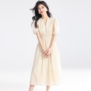 舒朗 纯棉连衣裙女夏季高级感法式泡泡袖气质v领收腰中长薄款a字裙子