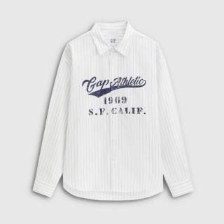 Gap 男女装2026春季款logo印花宽松条纹翻领长袖衬衫上衣854179