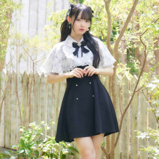 日系清楚系甜美女修身西装短裙女夏季可拆式斗篷连衣裙(1413846) 黑色