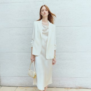 LILY 2026夏新款醋酸混纺松弛感老钱风休闲纯色薄款长袖西装外套女