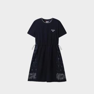 FILA 女装时尚休闲舒适连衣裙女士拼接T恤裙日常通勤收腰显瘦T恤裙