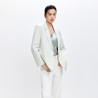 LILY 2026春新款女装含亚麻欧若风双排扣气质通勤浅绿色西装外套
