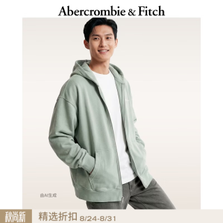 Abercrombie & Fitch 美式情侣LOGO毛圈布拉链休闲运动连帽卫衣外套26春男装122-6154 浅绿色