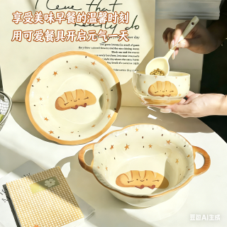 粉嘟可颂面包双耳陶瓷泡面专用碗螺丝粉碗ins少女心饭碗学生宿舍