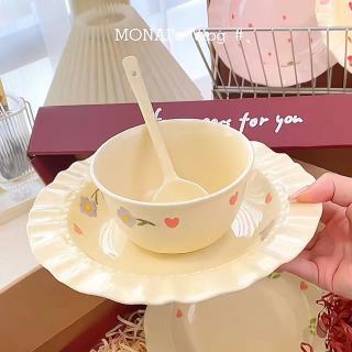 奶油黄紫藤花盘碗家用碗盘米勺子饭碗陶瓷餐具碗勺
