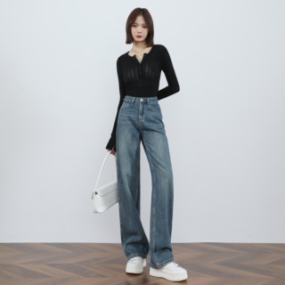 窄版阔腿牛仔裤女2026春季新款复古小个子高腰显瘦直筒垂感拖地裤