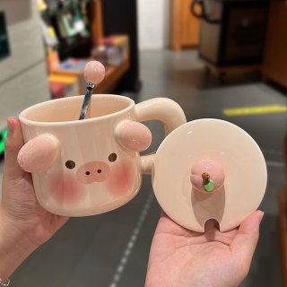 绿淘优选 可爱软萌陶瓷杯家用带盖带勺创意马克杯耐高温办公室咖啡牛奶杯