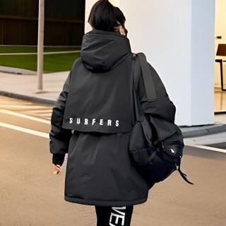 棉衣女中长款连帽洋气韩版宽松百搭新款大码休闲时尚黑色冬季外套