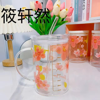 小清新贴花大水杯透明色家用大容量印花喝奶杯