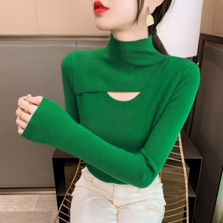 绿色毛衣洋气2026新款修身针织衫半高领镂空打底衫女秋冬时尚内搭