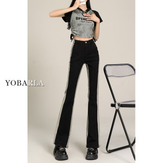 YOBARLA 黑色修容直筒牛仔裤新款女春季新款大码胖mm高腰弹力显瘦微喇马蹄