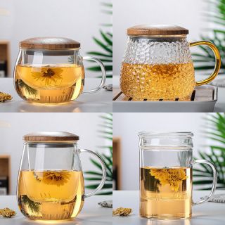 玻璃杯子水杯茶水分离杯带把手泡茶杯带盖高颜值耐高温漂亮家用