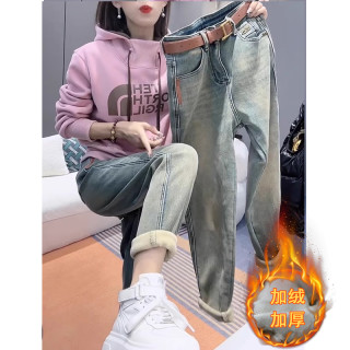 秋冬加绒哈伦牛仔裤女宽松大码微胖mm梨形身材胯大腿粗显瘦老爹裤