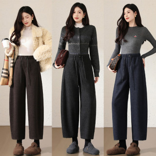 加绒加厚显瘦毛呢弯刀裤女秋冬2025新款九分直筒哈伦糯米奶奶裤子