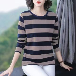 妈妈装棉质长袖T恤大码宽松打底衫女款爆款百搭上衣条纹t恤女款