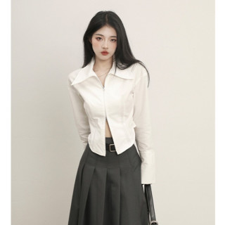 春夏设计师款白色短款衬衫女气质拉链衬衣上衣韩版简约chic衬衣