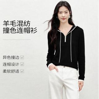 衣香丽影 连帽针织衫女春秋装时尚撞色半拉链羊毛上衣