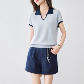 SRCR 含桑蚕丝~小个子洋气休闲针织短袖女上衣夏季宽松百搭翻领T恤衫