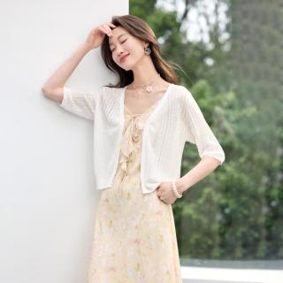SRCR 含桑蚕丝~短款镂空针织开衫女外搭上衣夏季优雅减龄空调衫披肩