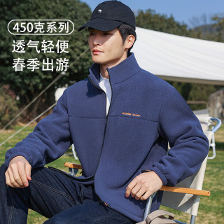 卡杉 春季加绒加厚立领高级纯色针织抓绒摇粒绒外套休闲男装