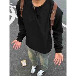 黑色亨利领打底衫重磅长袖t恤男春秋美式潮牌高级感宽松内搭上衣