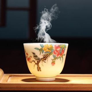 仁坤 花开富贵羊脂玉主人杯品茗杯陶瓷家用中式白瓷描金个人专用杯