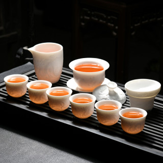 福利品 素烧龙凤呈祥白瓷茶具套装家用陶瓷盖碗茶杯简约浮雕龙
