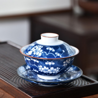 釉下彩青花盖碗茶杯茶具高档青花瓷家用茶碗陶瓷杯子碗手工盖碗