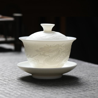 德化素烧白盖碗茶杯浮雕龙凤三才碗功夫茶具泡茶器家用大容量茶碗