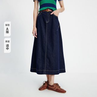 navigare 小帆船复古蓝色牛仔半身裙女士A字伞裙