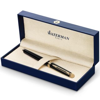 Waterman Hémisphère 钢笔,黑色带金色饰边,中号笔尖,蓝色墨水,礼品盒
