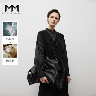 Meilleur moment MM麦檬新秋冬时尚百搭针梭拼接假两件遮肉中长款连衣裙女